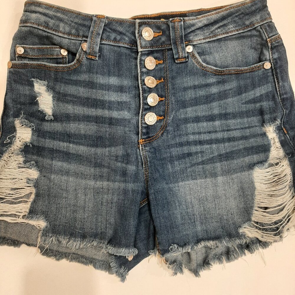 Button fly distressed high rise waisted denim jean shorts medium wash - Picture 3 of 12
